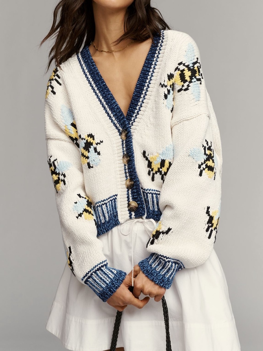 Anthropologie Bee Cardigan Sweater Maeve Icon Chunky New Small Ivory Bumblebee - Picture 2 of 12